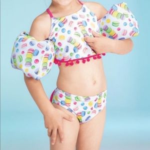 NWT Chasing Fireflies 2pc Bikini Pom Pom Bow Macaroons Swim Suit AND Floaties 2T